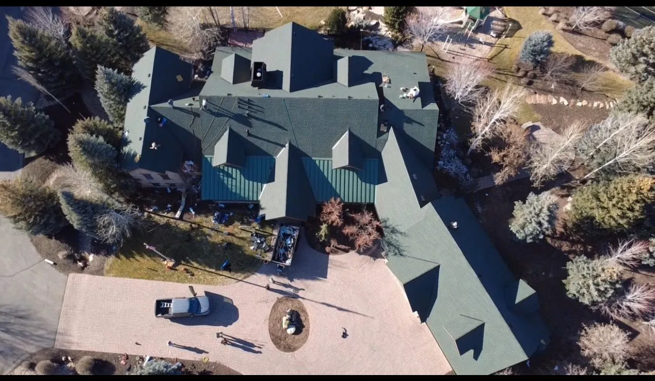 Aerial view of completed luxury roof by Frame Roofing Utah